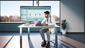Consultorio médico moderno con un doctor hispano de unos 40 años en consulta por video en su laptop. En el fondo, una pantalla digital muestra una interfaz de plataforma de telemedicina. El ambiente es profesional y tecnológico, destacando el uso de plataformas digitales para la optimización del tiempo clínico.