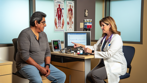 Paciente hispano de mediana edad en consulta médica, observando a doctora hispana que señala un gráfico de niveles de INR. En el escritorio hay una botella de 