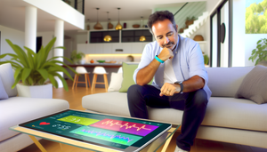 Hombre hispano de mediana edad sentado en un sofá moderno, usando una pulsera inteligente que monitorea su salud. En la mesa, una tableta muestra métricas de salud como ritmo cardíaco y patrones de sueño. La escena refleja la integración de tecnología moderna para la monitorización continua de la salud.